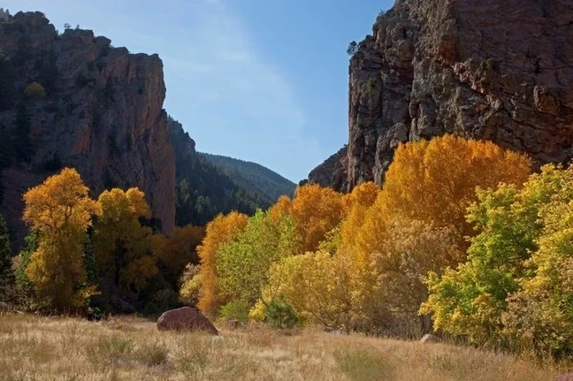 Eldorado Canyon State Park. Bluffs with fall colors ontrees