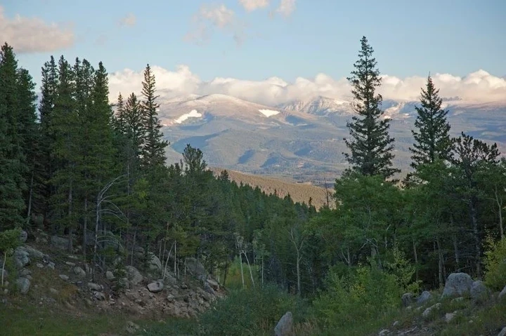 Golden Gate Canyon State Park. Mountains in background with evergreen forestinforeground